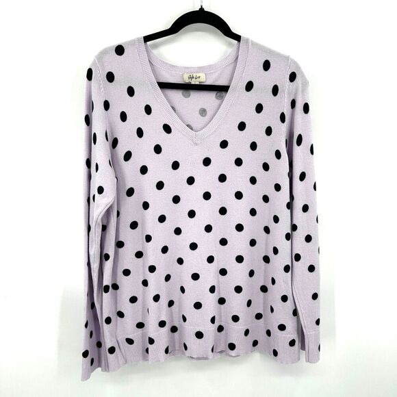 STYLE & CO. Lavender Purple Black Polka Dot V-Neck Cozy Sweater Size Large - Picture 1 of 6